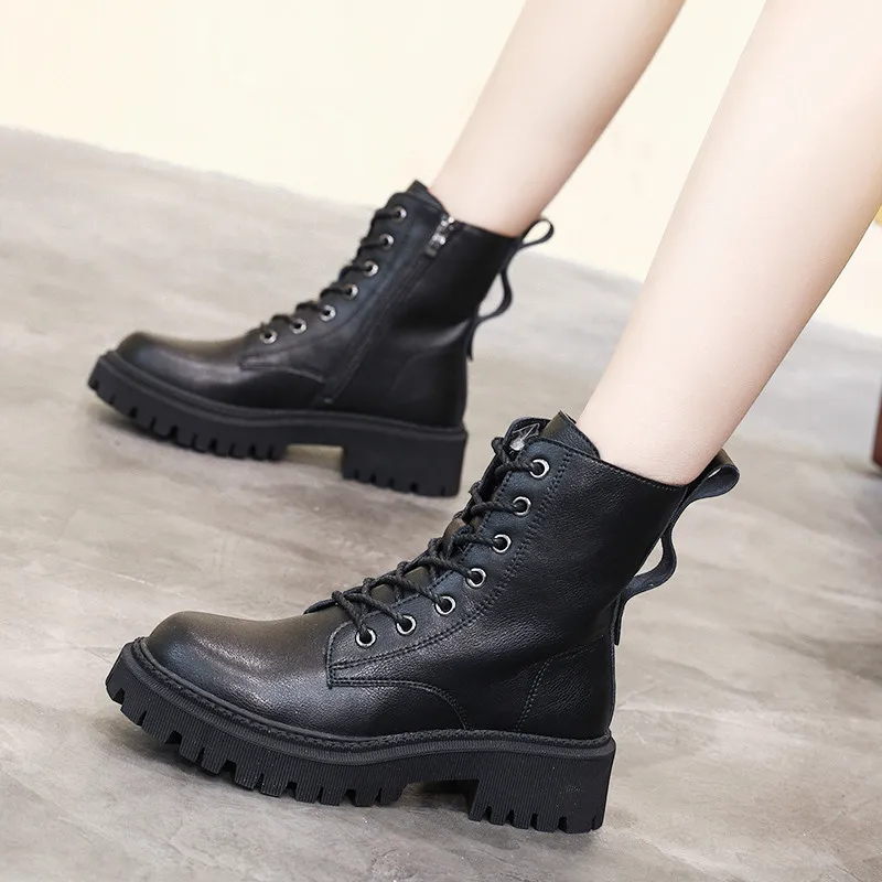 

New Ins Hot Motorcycle Boots Women Fashion Genuine Leather Ankle Boots For Women Chunky Platform New Party Shoes Woman