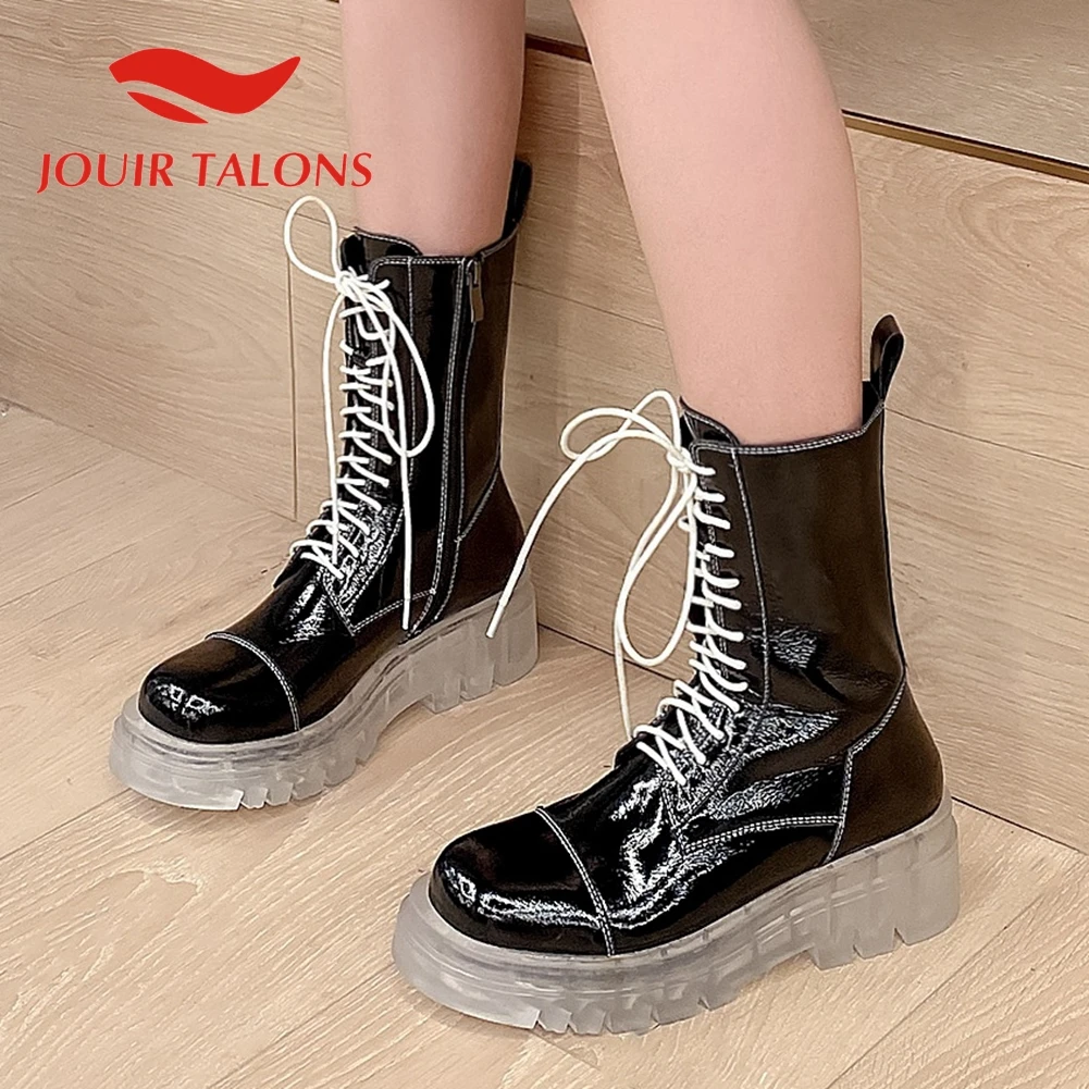 

Женские ботинки из лакированной кожи, на платформе, с круглым носком