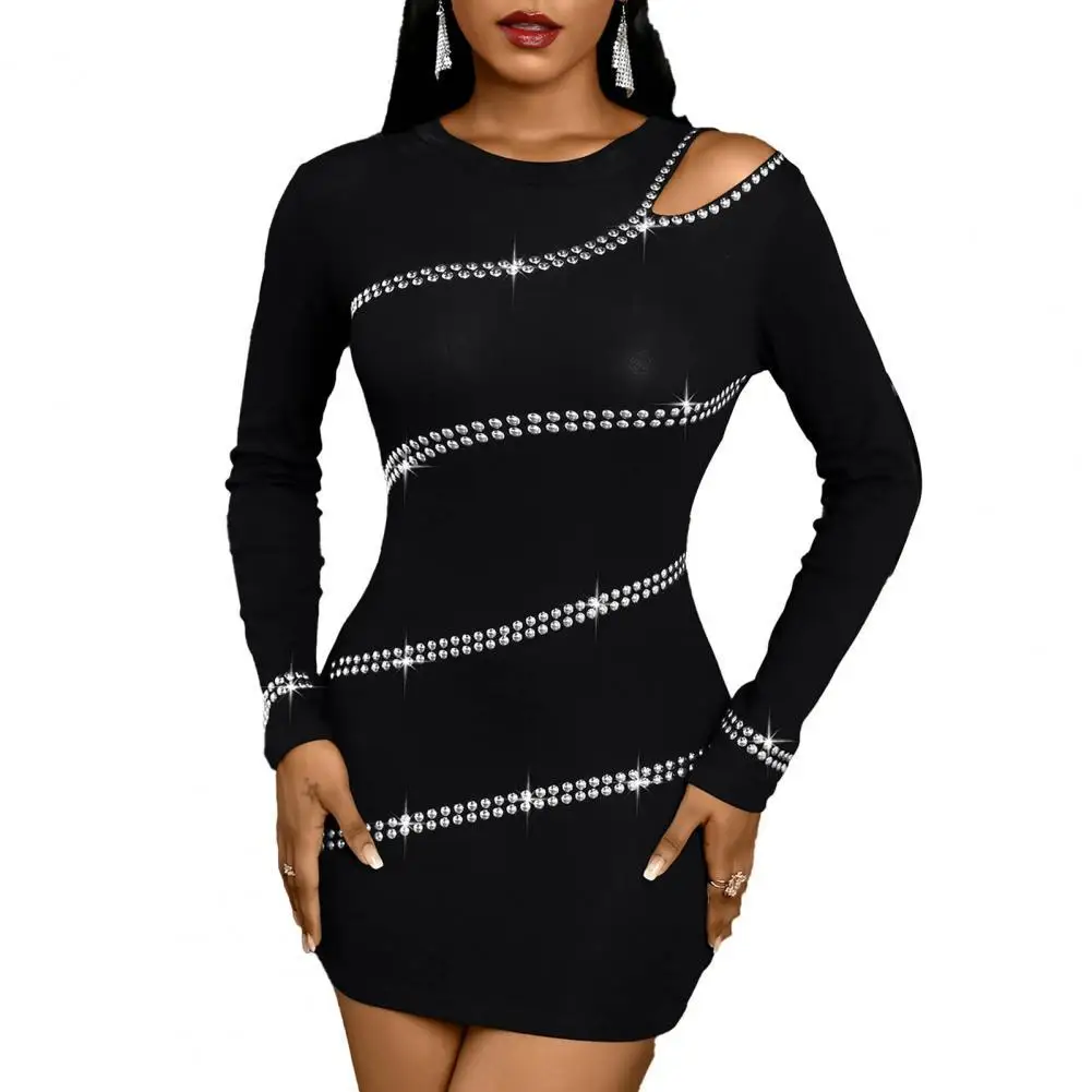 

Ladies Dress Sexy Off Shoulder Hollow Rivet Long Skinny Mini Dress All Match Round Neck Charming Dress for Going Out