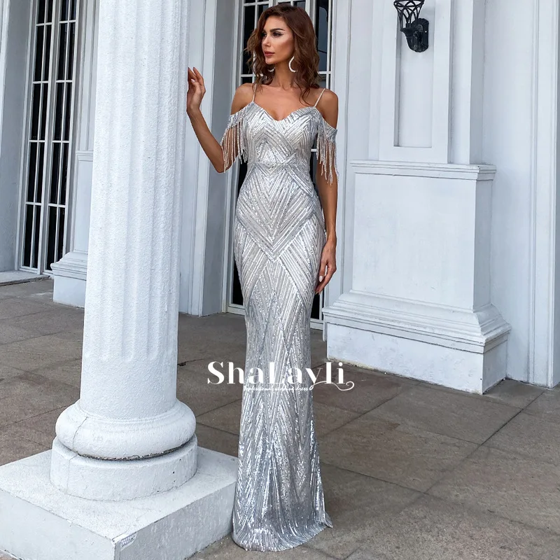 

Party Dresses Women Long Evening 2021 Fashion Elegant V Neck Sequin Backless High Split Maxi Spaghetti Strap Wedding For Woman