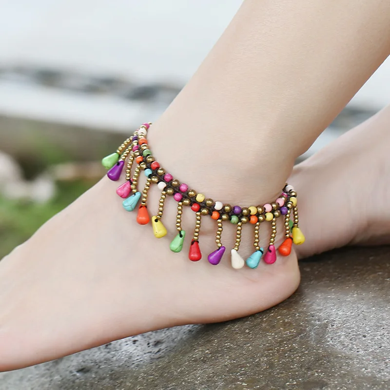 

New Pine Stone Droplet Pendant Beach Anklet Thai Wax Thread Hand-woven Bohemian Footwear Retro Ethnic Style Anklet JL023