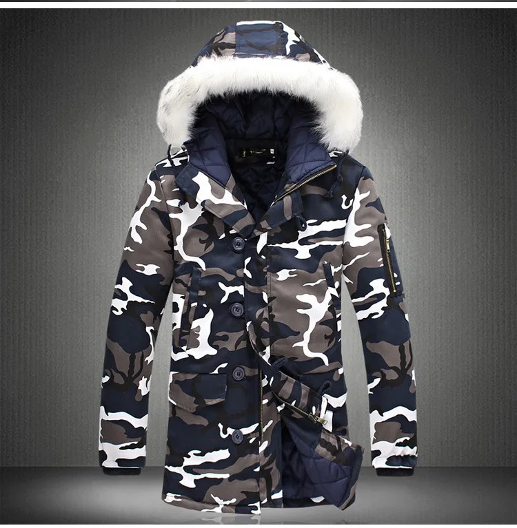 Зимнее пальто размера плюс, Мужская парка, 5XL, Камуфляжная парка, мужская зимняя куртка, Мужская куртка с большим меховым воротником, модное пальто средней длины