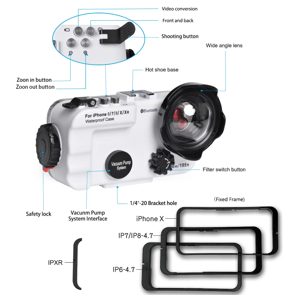 Водонепроницаемый чехол с Bluetooth для iPhone 6/7/8/X/XR 60 m/195ft, профессиональный защитный чехол для подводной съемки