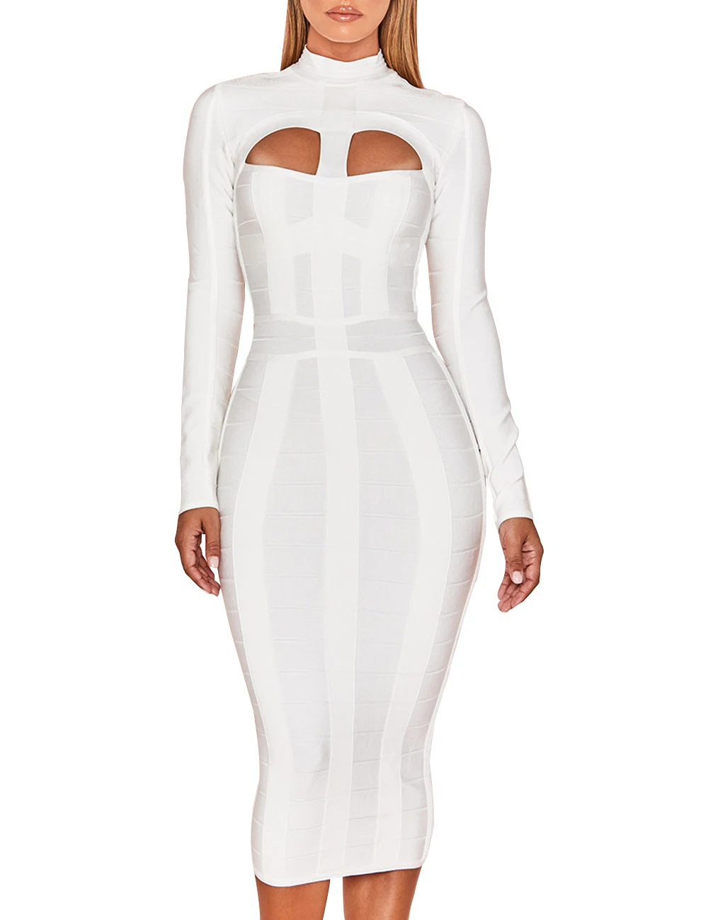 Женское облегающее платье средней длины с высоким воротником |