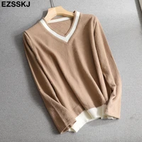 2021 cashmere patchwork sweater v neck thin sweater women pullover casual long sleeve loose knit sweater female jumpers