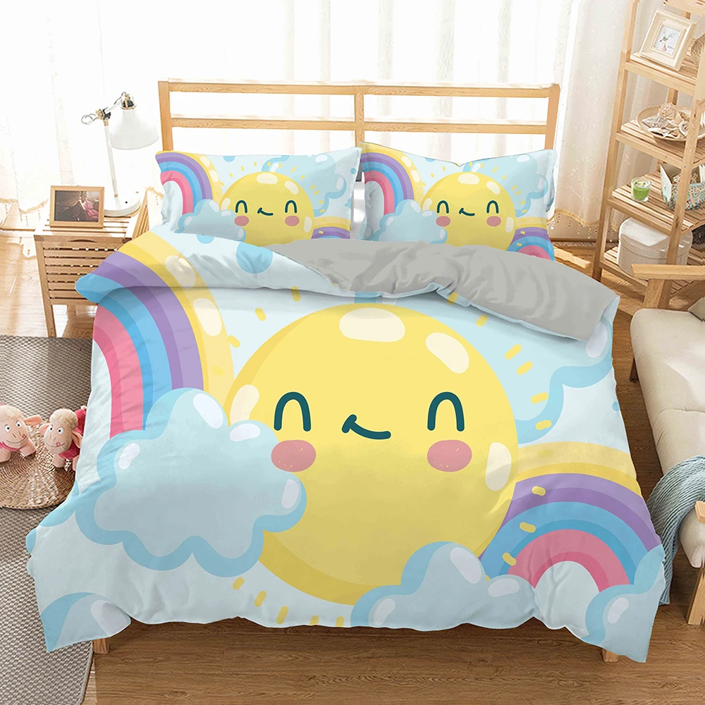 

3D Cartoon Moon And Star Printed Bedding Set Rainbow Sky Duvet Cover Queen 240x220 King Twin Size Quilt Set For Children Girls