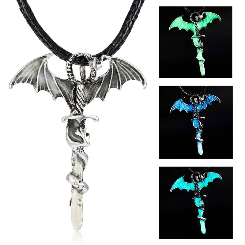 

Vintage Glowing Luminous Dragon Pendant Necklace for Men Women Cross Leather Rope 3 Colors Punk Jewelry Retro Gift Chain Choker