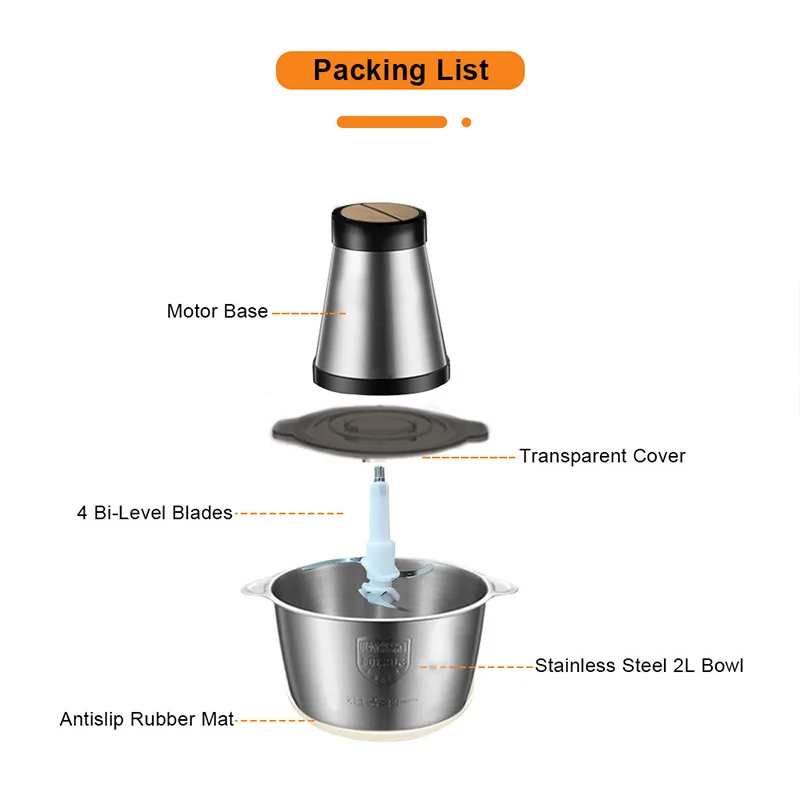 VOA 2 Speeds Electric Chopper Stainless Steel Meat Grinder Mincer Food Processor Slicer 2LCapacity Baby Supplement Machine | Бытовая