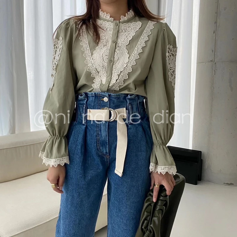 

Lace Solid Linen Women Blouse Korea Style Long Flare Sleeve Blouse for Women Casual Apricot Embroidery Blusas Mujer 13524