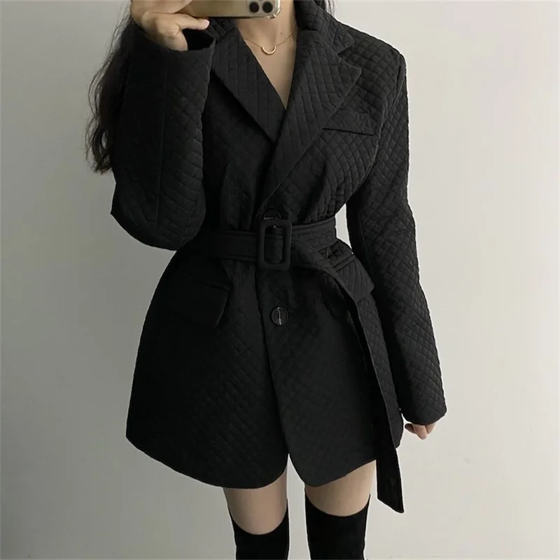 

2021 New Winter All-Match Small Grid To Keep Warm Solid Blazer Women Elegant High Quality Loose Suit Jacket Cotton Clothes