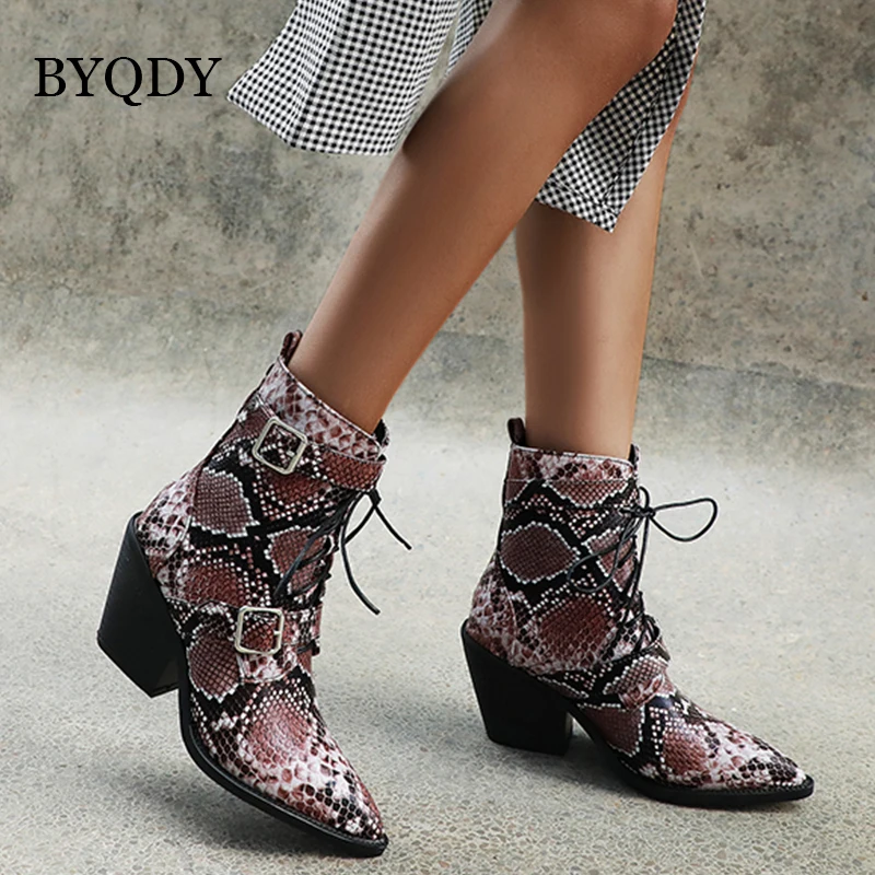 BYQDY Autumn Woman Winter Boots Snakeskin Western Shoes Hoof Heels Lace-up Ankle Birthday booties Comfortable Plus Size 48 | Обувь