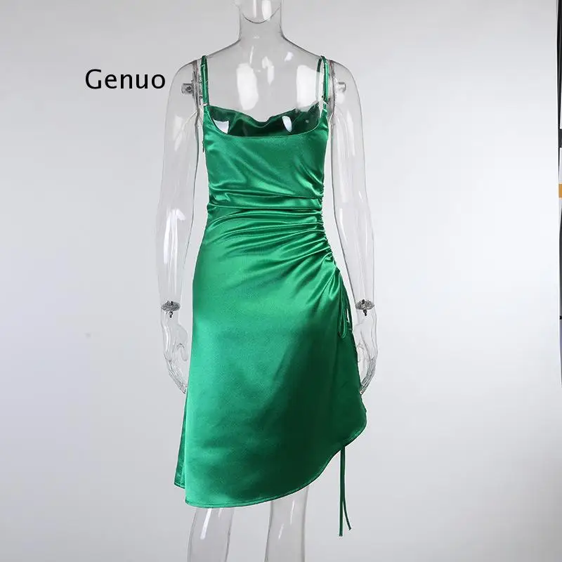 

Satin Solid Women Sexy Dresss Summer Spaghetti Strap Side Split Mini Dresses High Waist Backless Club Party Vestidos