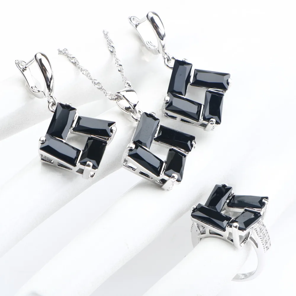 Women 925 Sterling Silver Jewelry Sets Earrings Balck Zircon Wedding Stones Bracelet Ring Pendant Necklace Set Gifts Box | Украшения и
