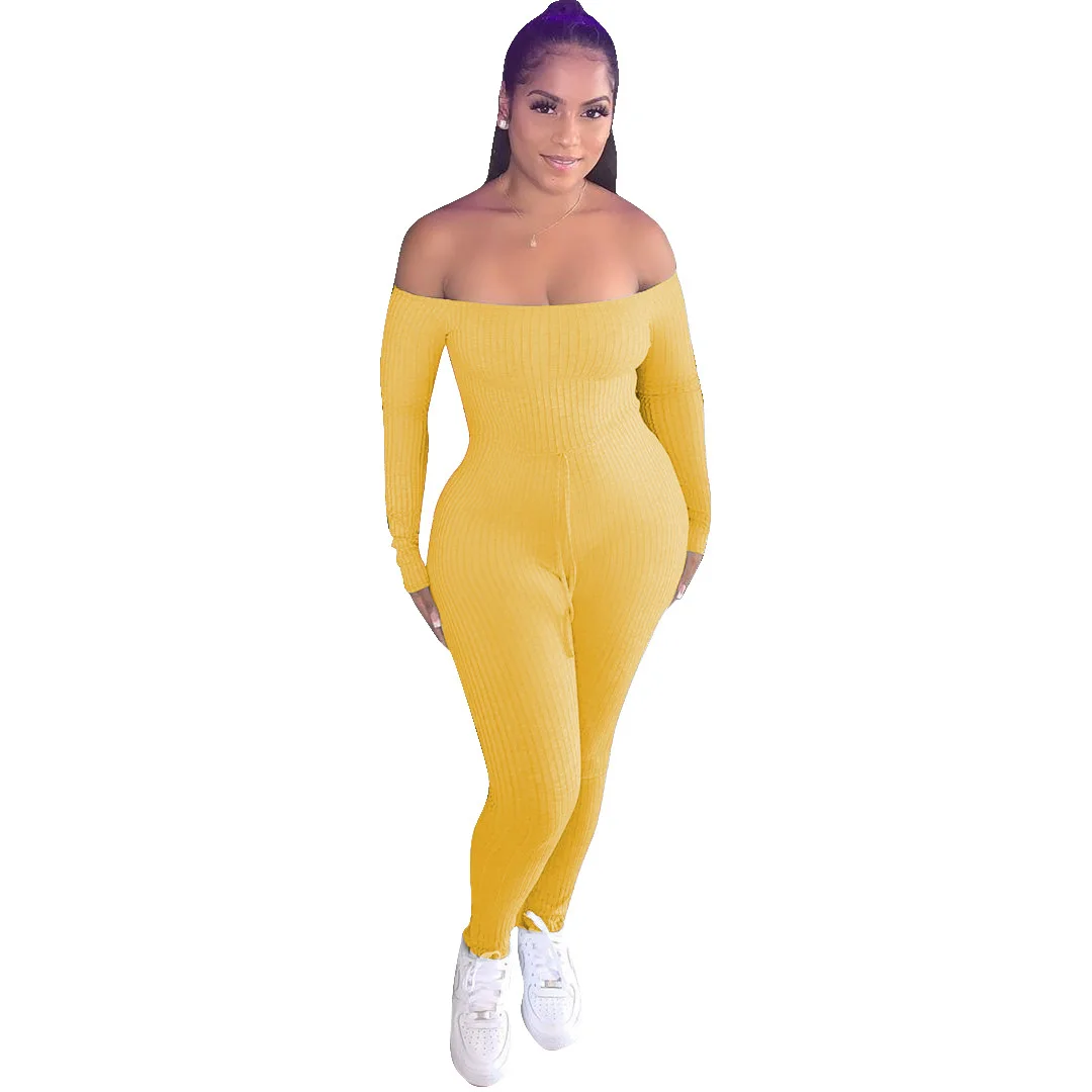

11TS1063 Autumn Winter Women Casual Sexy Solid Skinny Strapless Long Sleeve Roman Pattern Jumpsuit Playsuit Rompers Plus Size