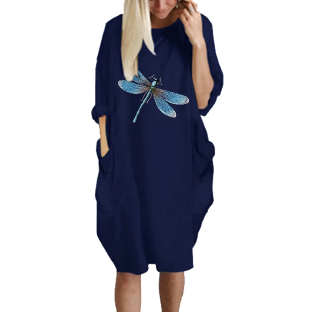 

VICABO Dragonfly-Printed Women Dress Round Collar Full Sleeve Knee-Length Pregnancy Dress Pockets Casual Female Robe S-5XL