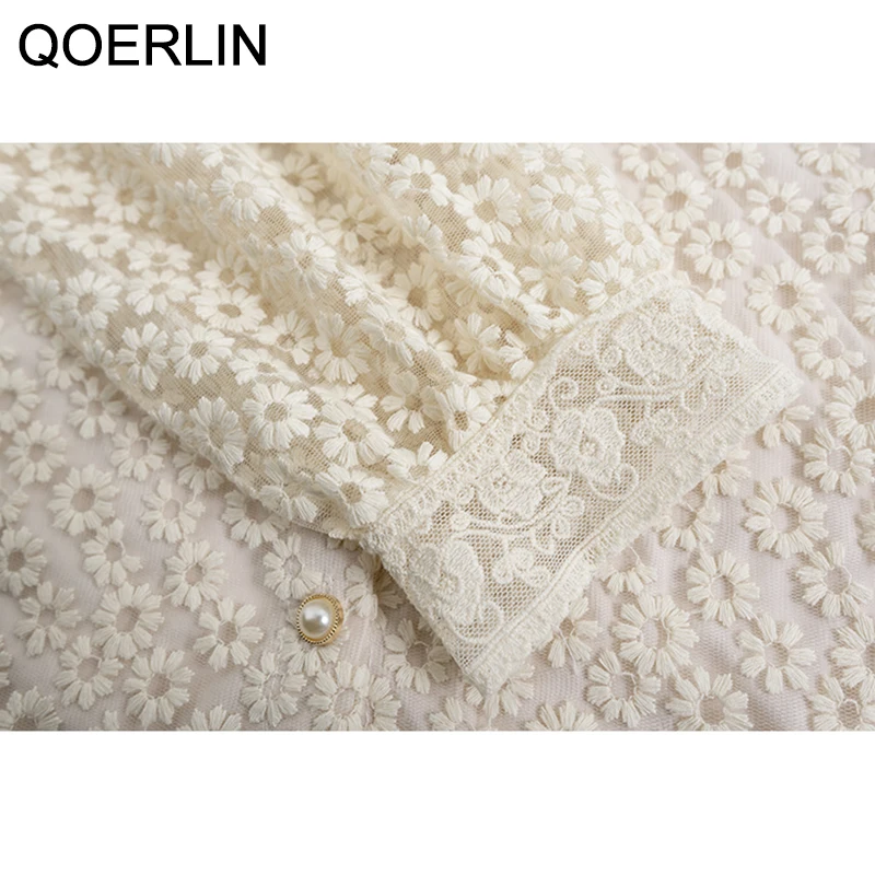 

Elegant Tops Shirt Women Korean Style V-Neck Lantern Sleeve Embroidered Lace Mesh Blouse Plus Size 2021 Spring Summer