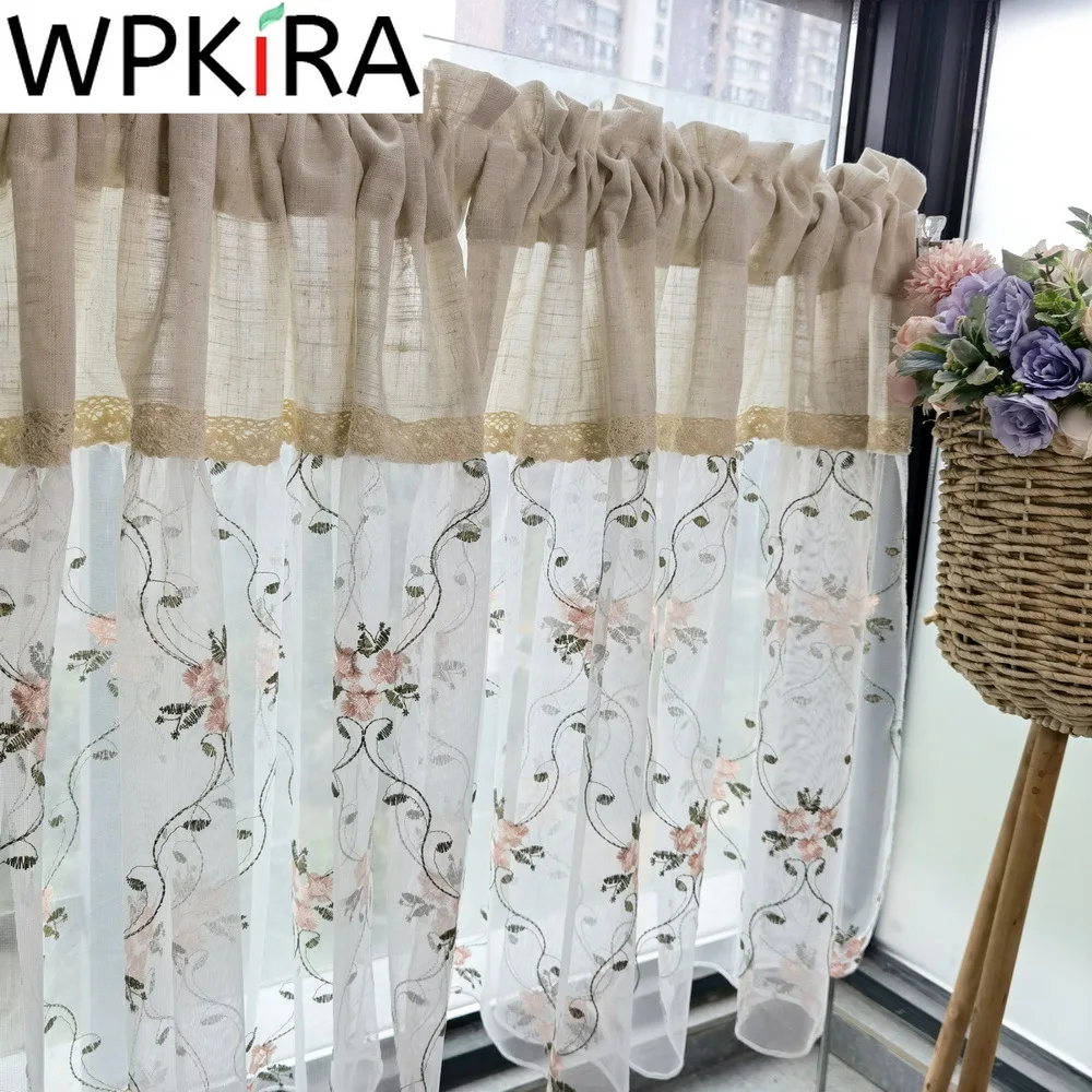 

Japanese Linen Splice Floral Voile Short Curtain for Living room Balcony Divider Semi Sheer Coffee Half-curtain for Kitchen &E