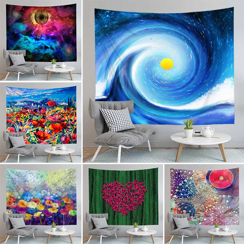 

Psychedelic Painting Cheap Tapestry Wall Hanging Cloth For Living Room Dorm Decor Landscape Camping Mat Beach Throw Rug Custom