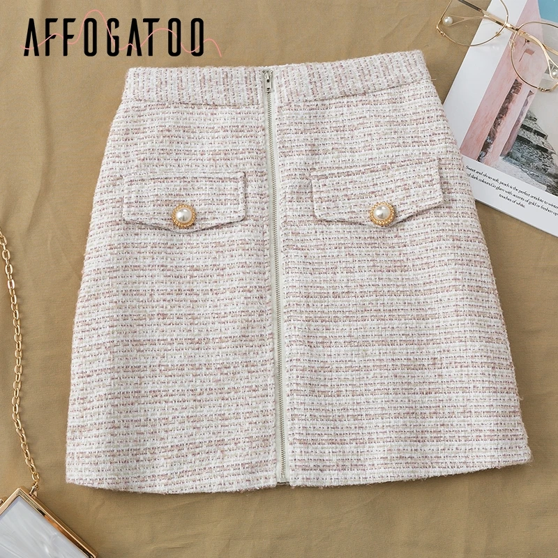 Skirt Afogatoo элегантный офисный твидовый костюм из искусственного меха из двух частей комплект пальто юбка Женская Повседневная Дамская Осенняя зимняя винтажная юбка пальто костюм - Цвет: Skirt