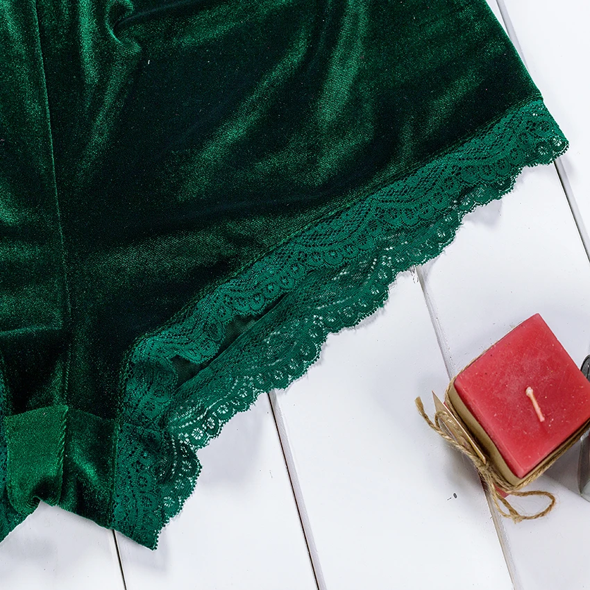 Зеленая однотонная Рождественская Пижама с кружевом и v-образным вырезом без