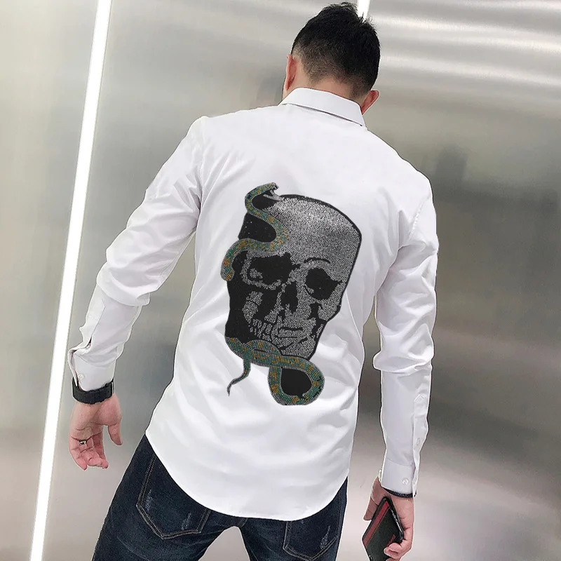 

Skull Hot Rhinestone Slim M-5XL Hip Hop European Casual Brand Men's Shirt Black and White Long Sleeve