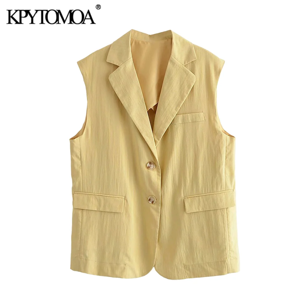 

KPYTOMOA Women 2021 Fashion With Pockets Oversized Linen Waistcoat Vintage Sleeveless Button-up Female Vest Coat Chic Veste