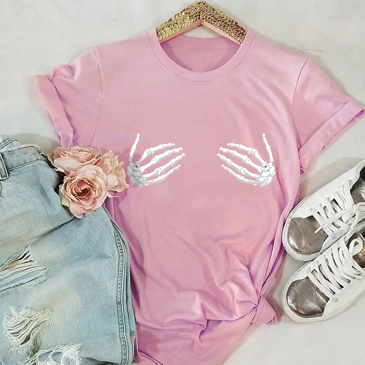 

Women's T-shirt 2021 Summer New Style Short Sleeve Funny Skeleton Hand Fashion Comfortable Casual