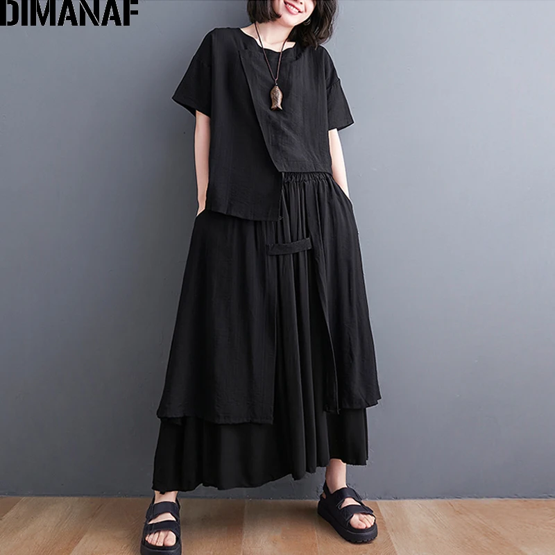 

DIMANAF 2021 Summer Two Pieces Set Suit Women Vinatge Elegant Lady Tops Shirt Pleated Skirt Cotton Female Suit BlackOversize