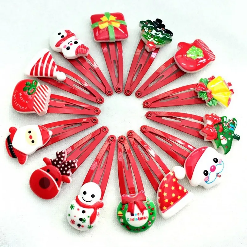 

10Pcs Girls Hair Accessories Christmas Hairpin Xmas Bow Resin Cartoon bb Clip Santa Claus Barrette Flower Hair Clips for Kids