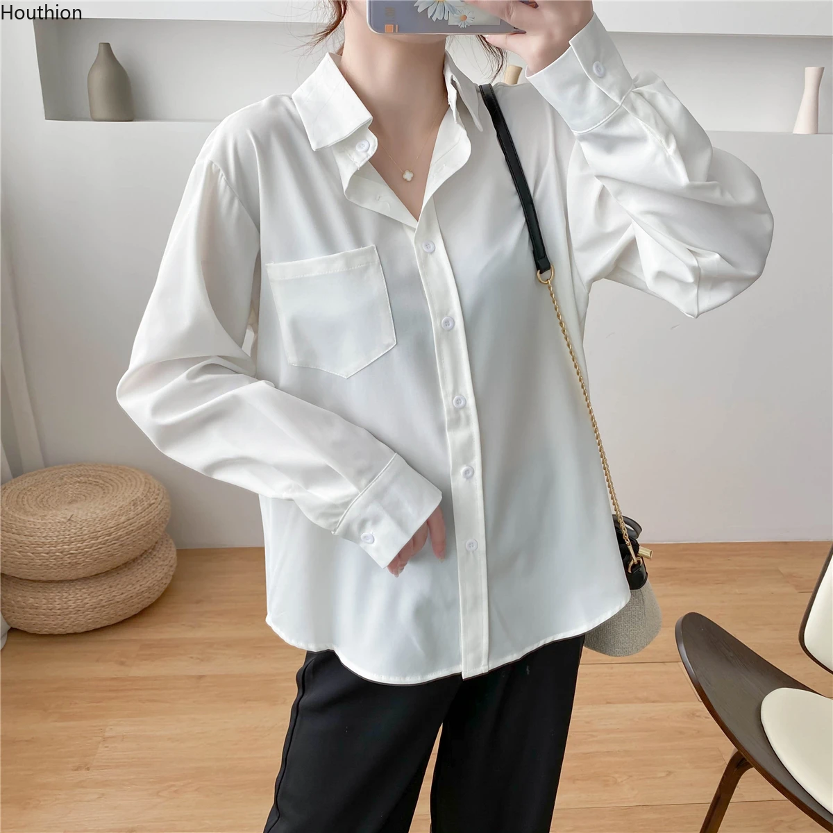 

Chiffon Women's Blouses Fashion Long Sleeve Top New Casual Solid Buttons Polo Shirt Summer Female Clothing Houthion