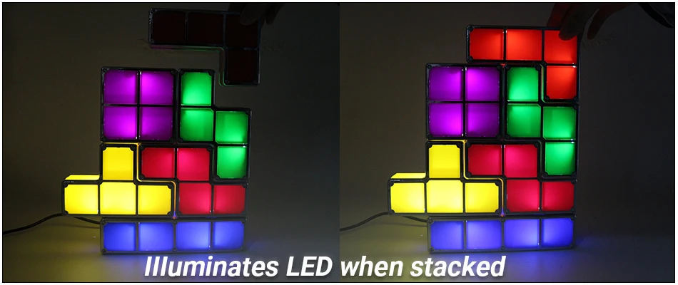 Новинка Hinnixy Tetris Puzzle Light Стекируемый светодиодный прикроватный декор для детей освещение 3D Ретро игра башня лампа красочный кирпич DIY игрушки