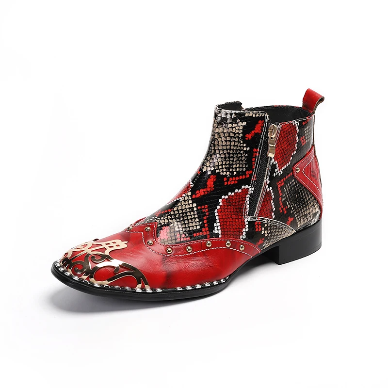 

Winter Party Men Shoes Red Snake Pattern Real Leather Ankle Boots Male Square Toe Formal Boots Club Short Boots