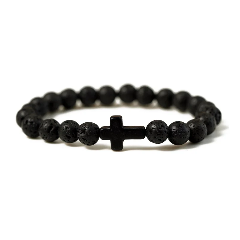 

Charm Natural Stone Bracelet Cross Black Lava Matte Beaded Bracelets Handmade Men Women Prayer Fitness Chain Couple Jewelry Gift