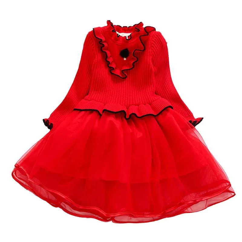 

Red Fantasy Girls Dress Plush Thick Winter Knitted Slim Children's Baby Princess Dress