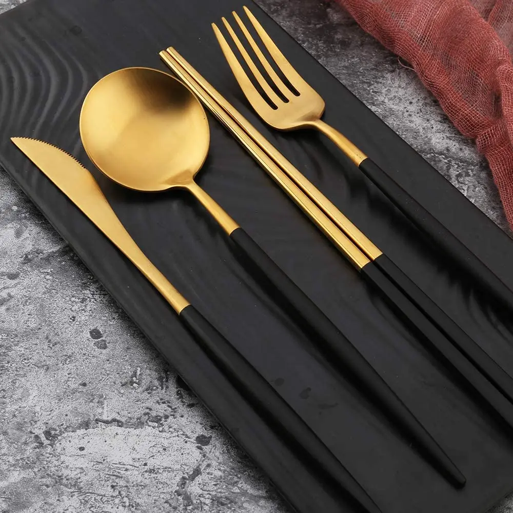 

4 PCS Premium 304 Stainless Steel Knife Fork Spoon Chopstick Set Flatware Dinnerware Cutlery Tableware Set Gold Silverware Set