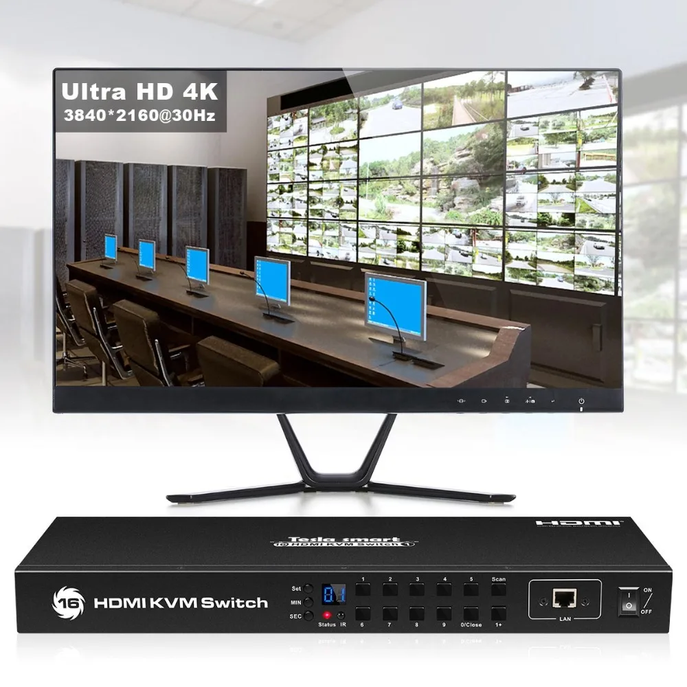 KVM коммутатор 16 портов USB HDMI KVM коммутатор 16 в 1 выход KVM HDMI Коммутатор 16x1 поддержка 4k@ 30 Гц RS232 LAN 2 шт. стойки уши стандарт 1U