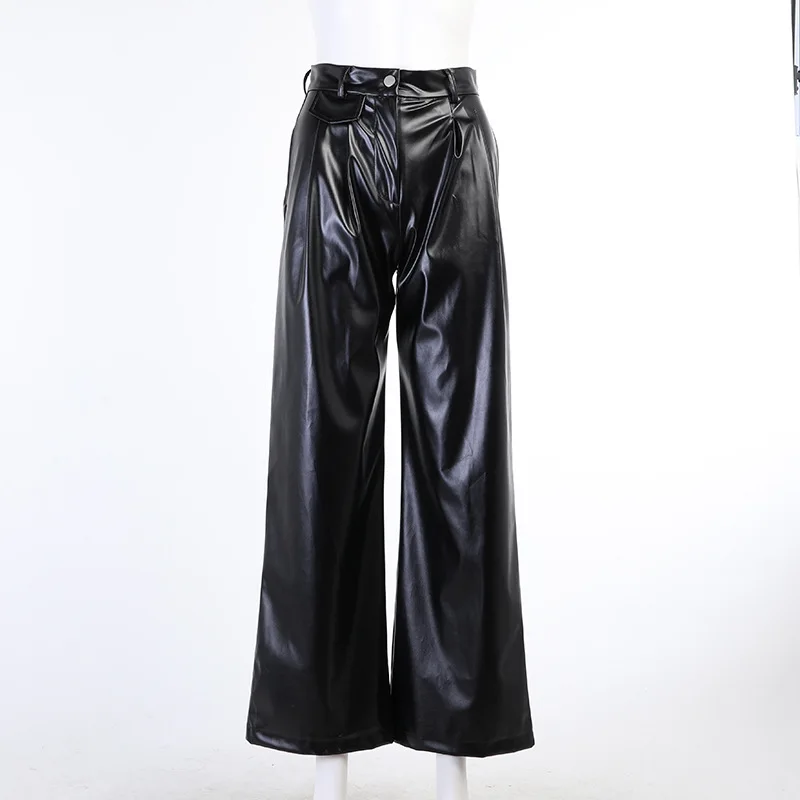 

HAOOHU 2020 women's leather pants loose fashion youth trends streetwear black high waist slim elegant sexy full Straight pants