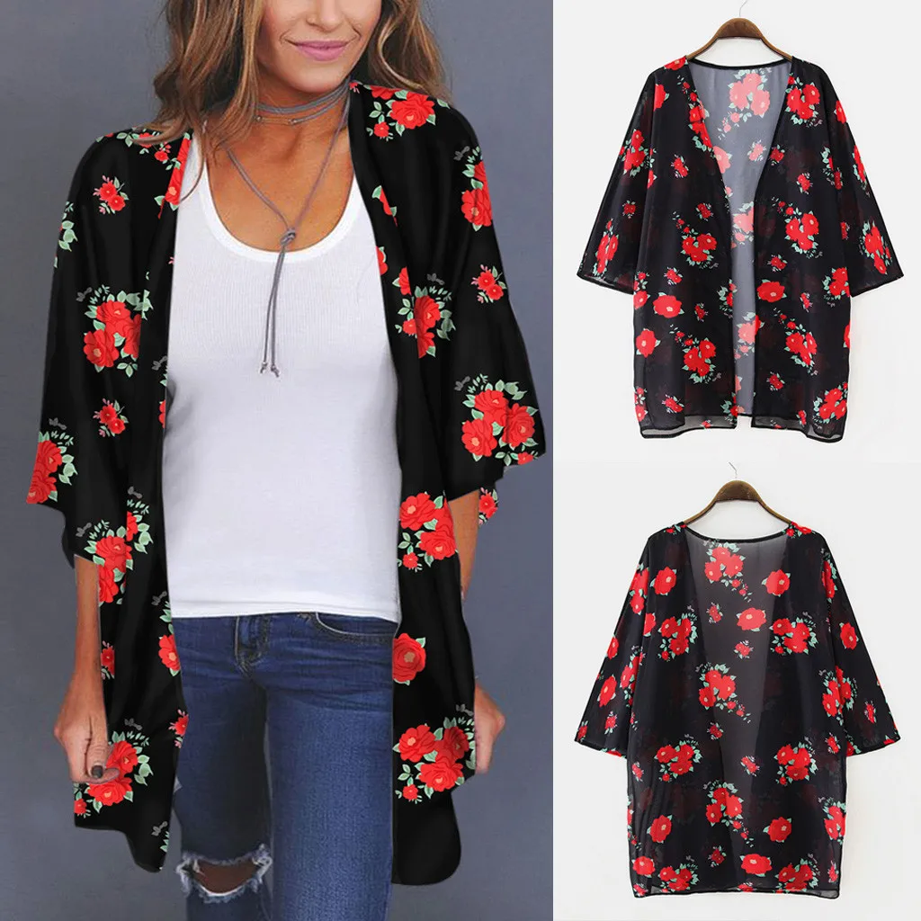 Женское шифоновое кимоно с цветочным принтом пляжный кардиган прозрачная