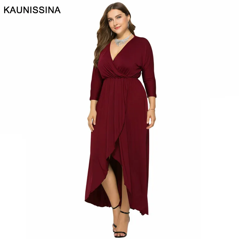 KAUNISSINA Plus Size Party Gown Women Long Sleeve Solid Cocktail Dresses V-neck Homecoming Dress Formal Robe | Свадьбы и торжества