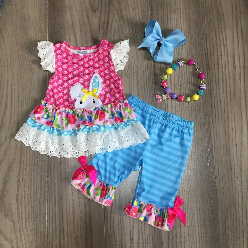 Сезон весна лето пасхальные ярко розовые капри в синюю полоску с цветочным