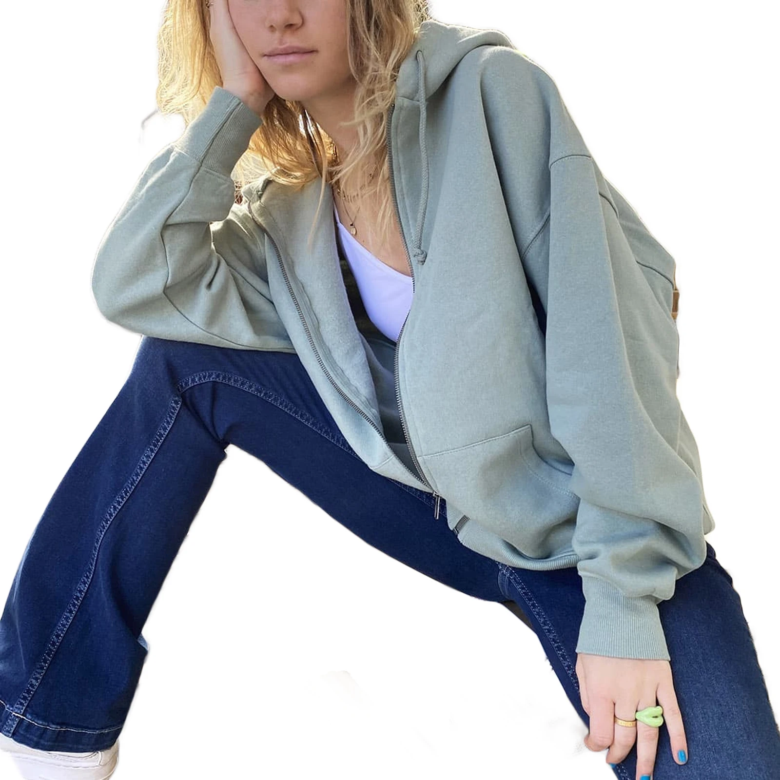 

Y2K Women's Loose Zip Up Hoodies Long Sleeve Solid Color Drawstring Hooded Sweatshirts