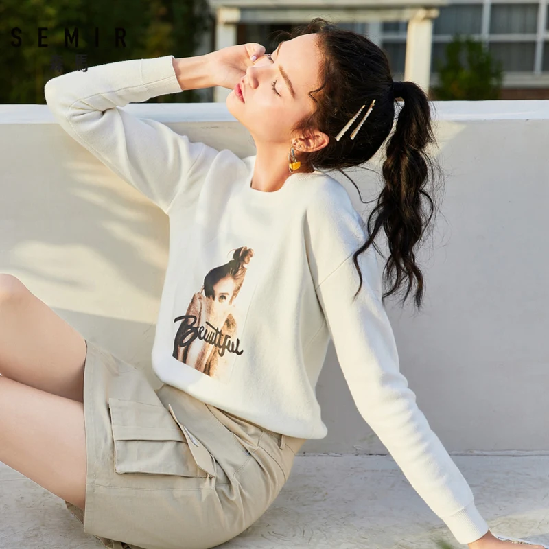 SEMIR Sweater women o neck pullover personality trend figure printing knitted bottoming sweater inside and outside soft clothes | Женская