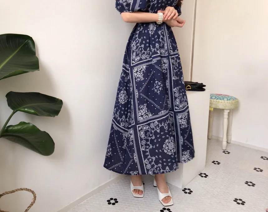 

Vintage Ethnic Style Square Collar Women's Long Dress Puff Sleeve Chic Print Female Dresses Summer Korean Ankle-length Clothes