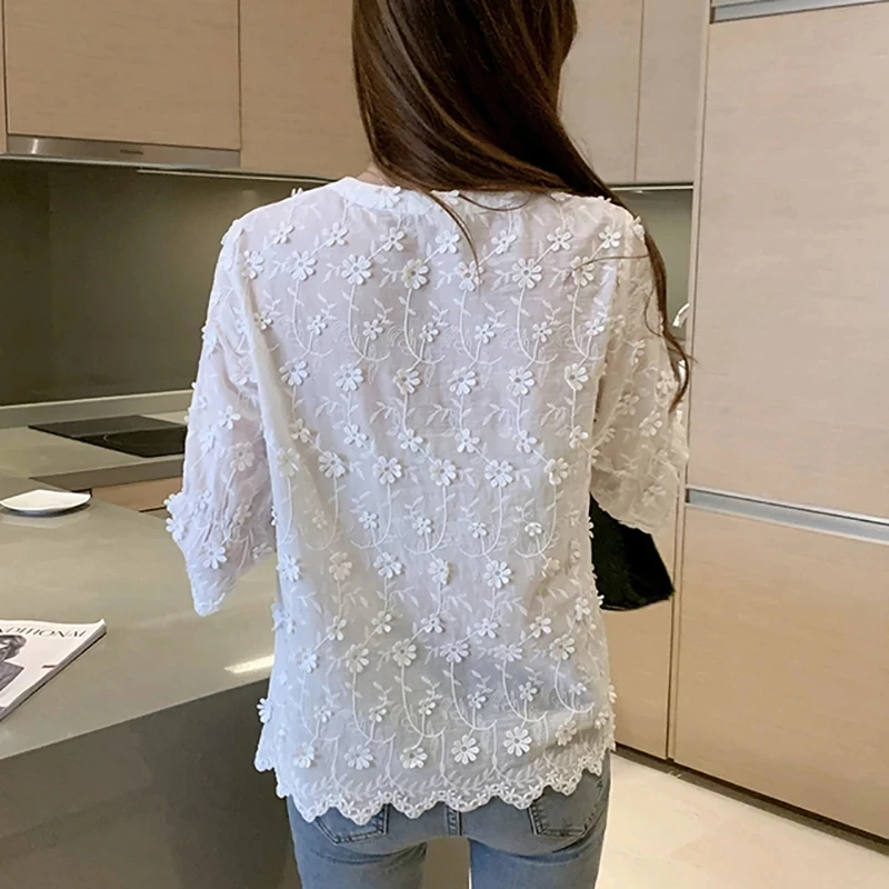 Vetement Femme Lace Blouse womens tops and blouses blusas mujer de moda 2018 Hollow Out Flowers Cotton Korean White Shirt 5XL | Женская