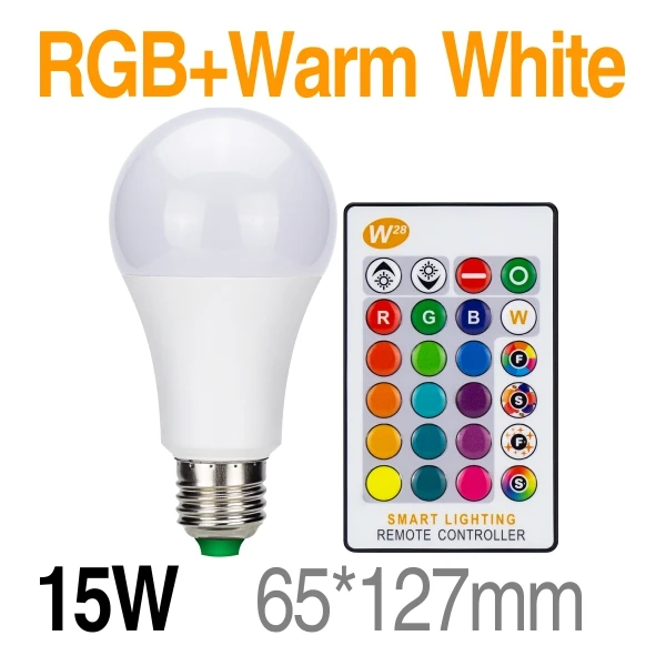 15W RGB Warm White Светодиодный RGB лампа 5 Вт 10 Вт 15 Вт E27 AC85-265V светодиодный светильник 16 изменяемый цвет RGB светодиодный светильник с функцией памяти+ ИК-пульт дистанционного управления - Испускаемый цвет: 15W RGB Warm White