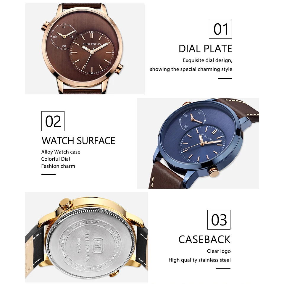 Мужские кварцевые часы MINI FOCUS роскошные Брендовые Часы с двойным часовым поясом и