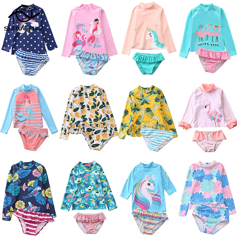 Swimwear for Girls Two Piece Long Sleeve Baby Swimsuit Anti UV Summer Beach Swim Bath Clothes Mermaid Unicorn Bathing Suit Kids