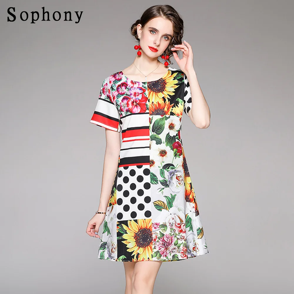 

Женское вечерние в горошек, летнее свободное короткое ТРАПЕЦИЕВИДНОЕ ПЛАТЬЕ с цветочным принтом, в полоску, для праздника, 524