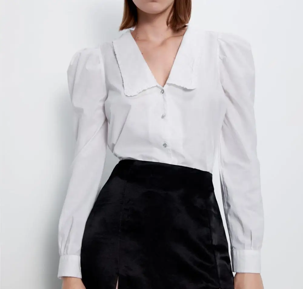 Новое поступление 2019! Женская рубашка из поплина с широким воротником и буфами на