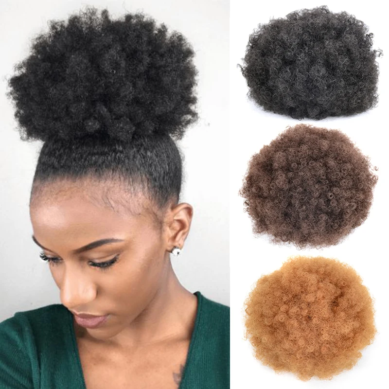 

Short Afro Puff Synthetic Hair Bun Chignon Hairpiece For Women Drawstring Ponytail Kinky Curly Updo Clip Hair Extensions
